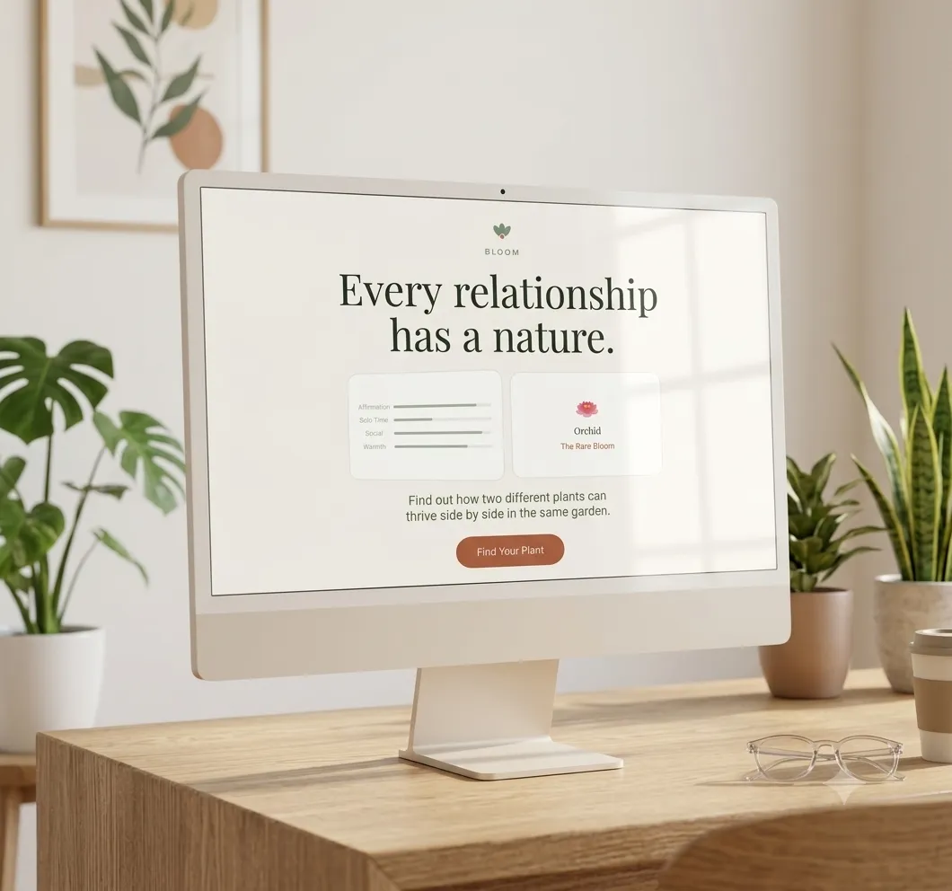Bloom: every relationship has a nature, shown on a desktop in a plant-filled workspace