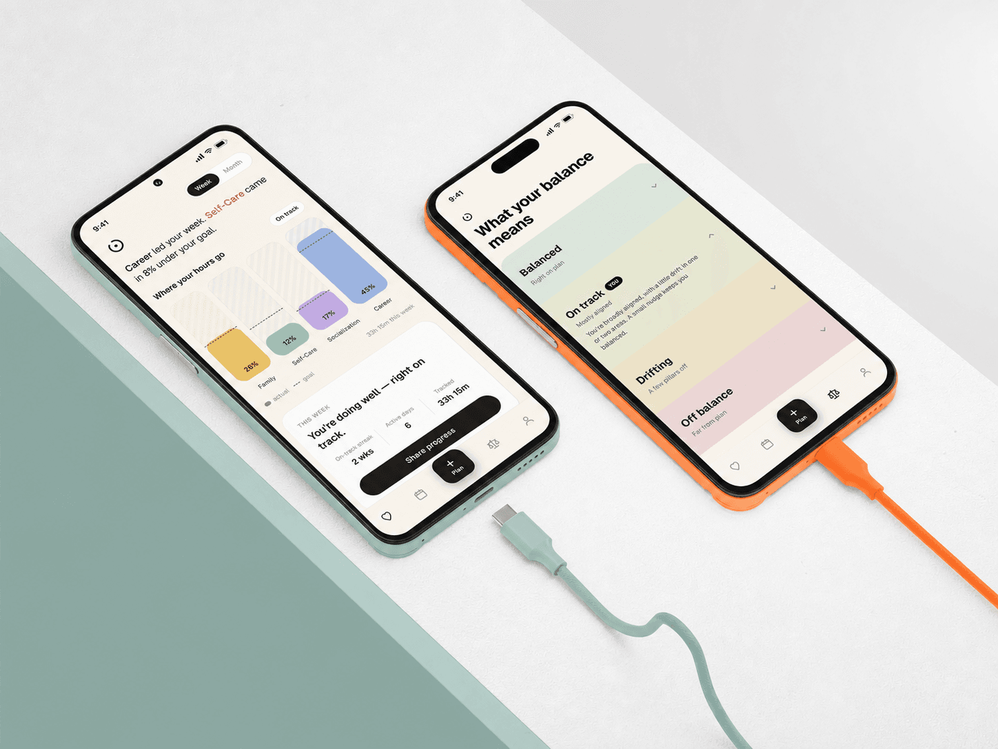 Time Tracking Dashboard: two-phone mockup showing the weekly dashboard and balance interpretation views